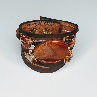Leather Cuff Brown With Gemstones, Sienna Agate, Beauty In Stone Jewelry at $109