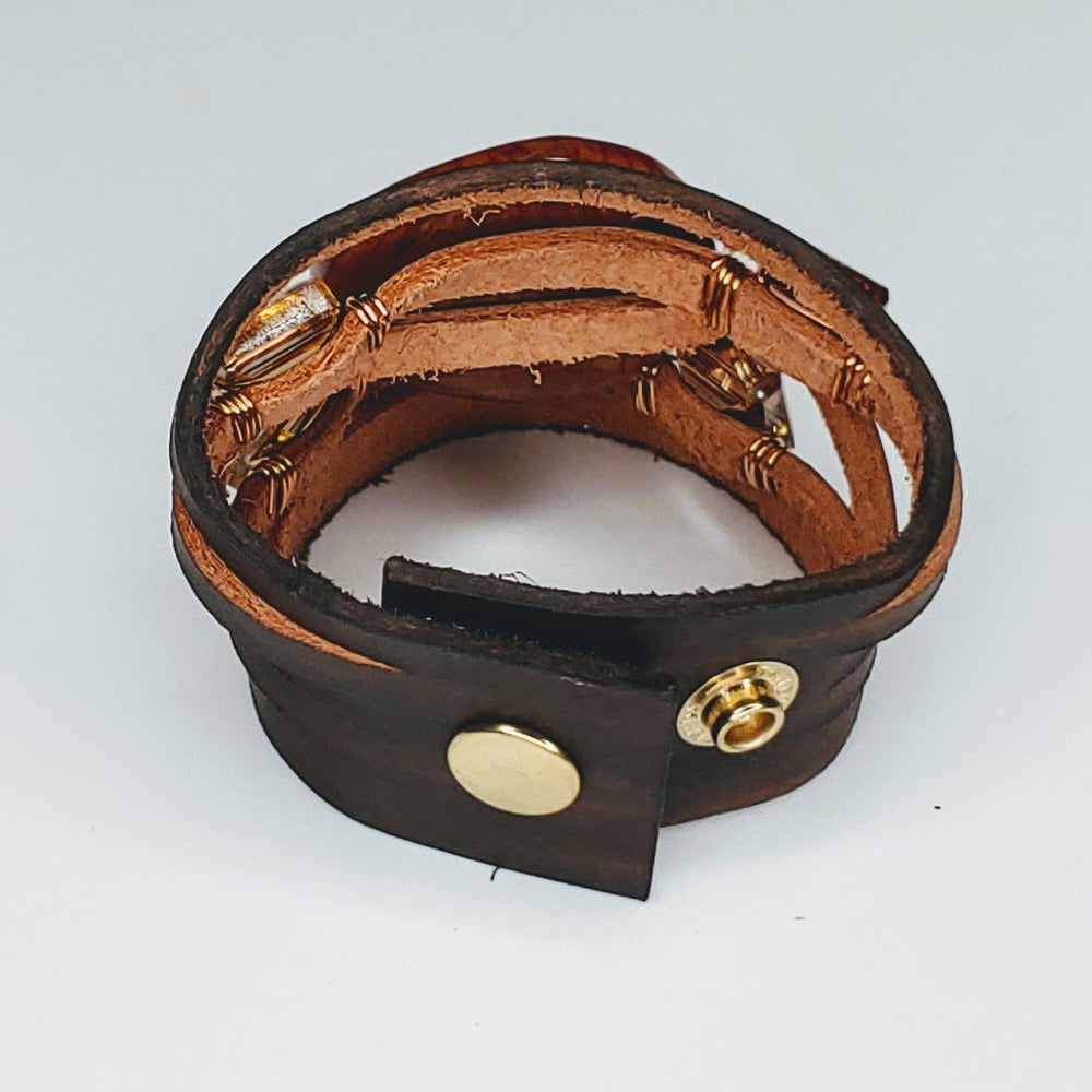 Leather Cuff Brown With Gemstones, Sienna Agate, Beauty In Stone Jewelry at $109