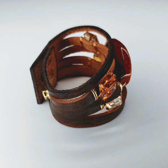 Leather Cuff Brown With Gemstones, Sienna Agate, Beauty In Stone Jewelry at $109