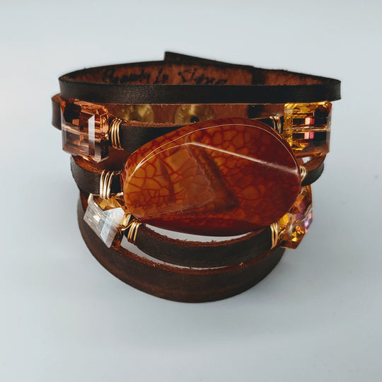 Leather Cuff Brown With Gemstones, Sienna Agate, Beauty In Stone Jewelry at $109