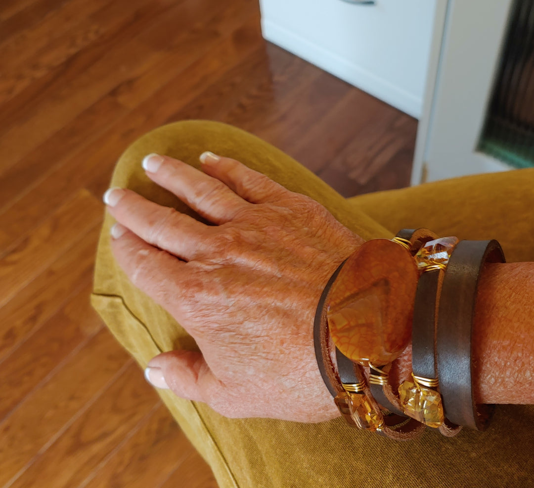 Leather Cuff Brown With Gemstones, Sienna Agate, Beauty In Stone Jewelry at $109