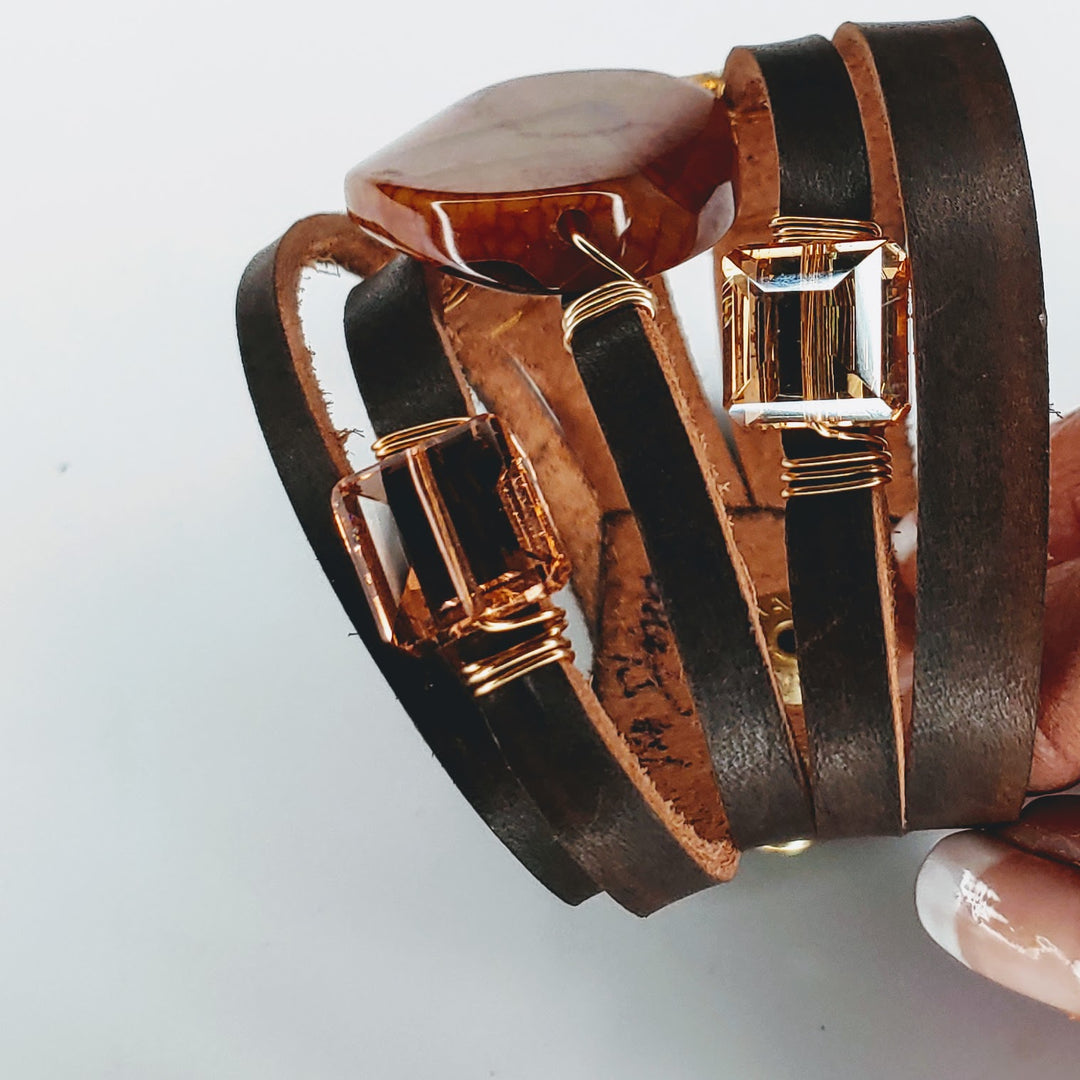 Leather Cuff Brown With Gemstones, Sienna Agate, Beauty In Stone Jewelry at $109