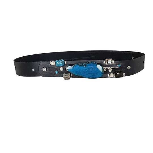 Handmade Leather Belt Black/Freeform Agate Gemstone & Rhinestones, Beauty In Stone Jewelry at $199