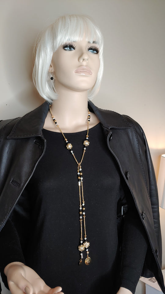 Decorative Bead And Pearl Lariat Necklace BLACK, Beauty In Stone Jewelry at $189