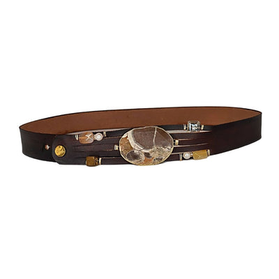 Handmade Leather Belt Dark Brown/Brown Jasper Gemstone & Rhinestones, Beauty In Stone Jewelry at $199