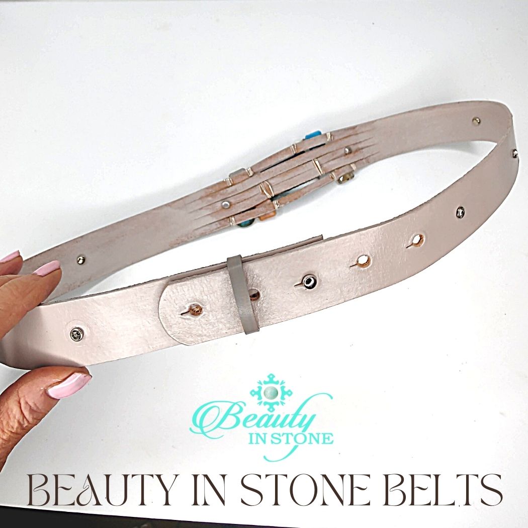 Handmade Leather Belt Stone With Rhinestones, Gemstone, Blue Agate, Beauty In Stone Jewelry at $199