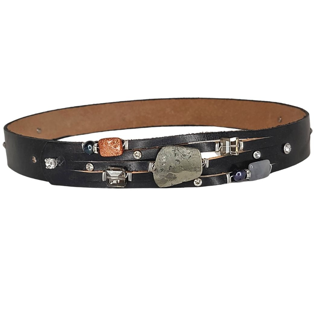 Handmade Leather Belt Black/Pyrite Stone & Rhinestones, Beauty In Stone Jewelry at $199