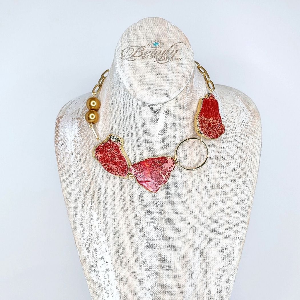 Gold Lined Red Agate Necklace, Beauty In Stone Jewelry at $127