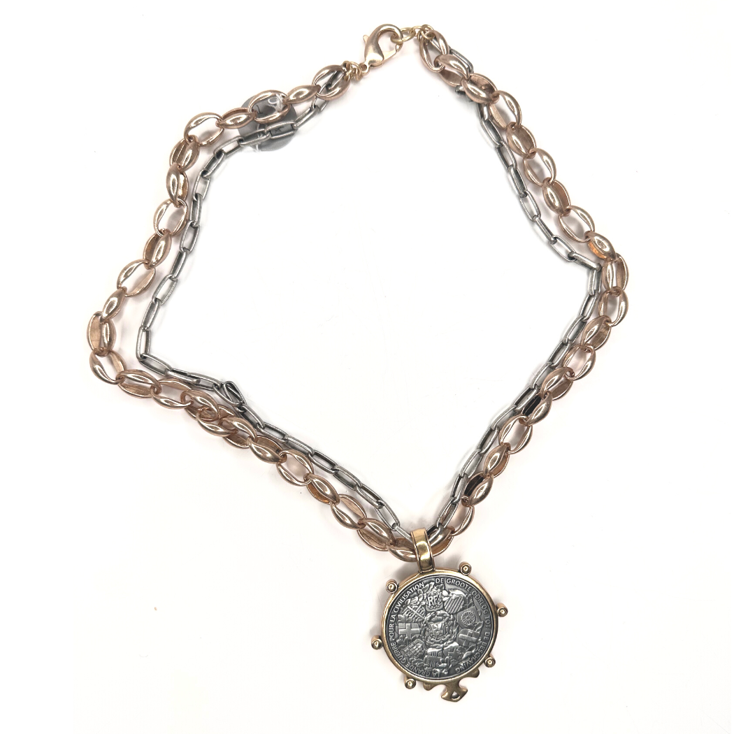 French Coin Necklace Two Tone Double Chain