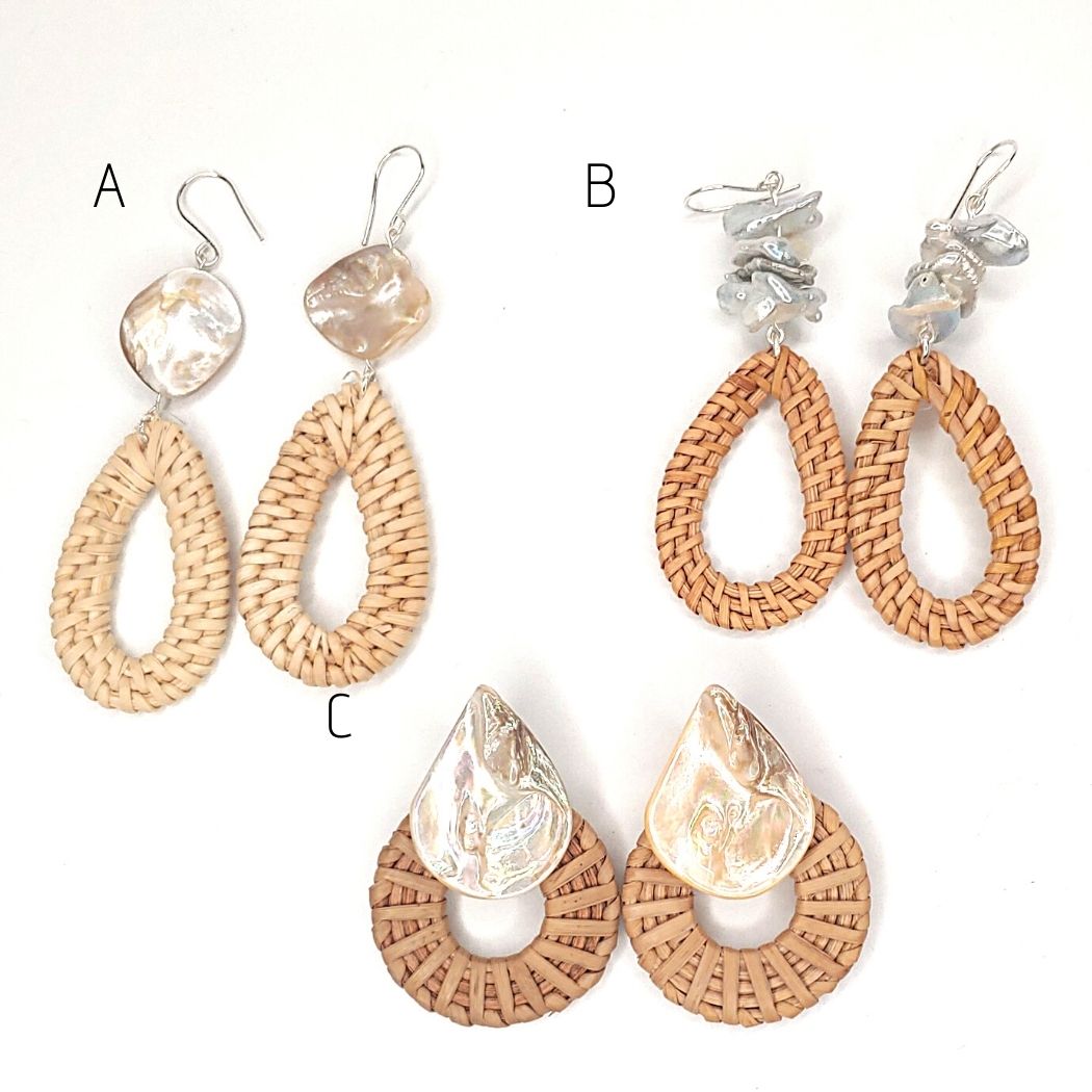 Rattan Earrings With Pearl or Shell CHOICE, Beauty In Stone Jewelry at $40