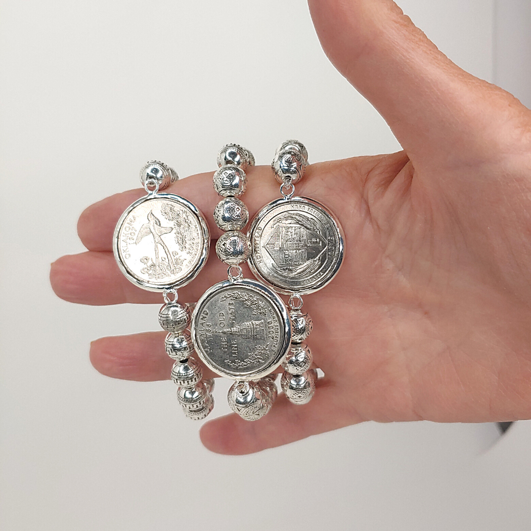 Coin Bracelet Silver Beaded, Beauty In Stone Jewelry at $40