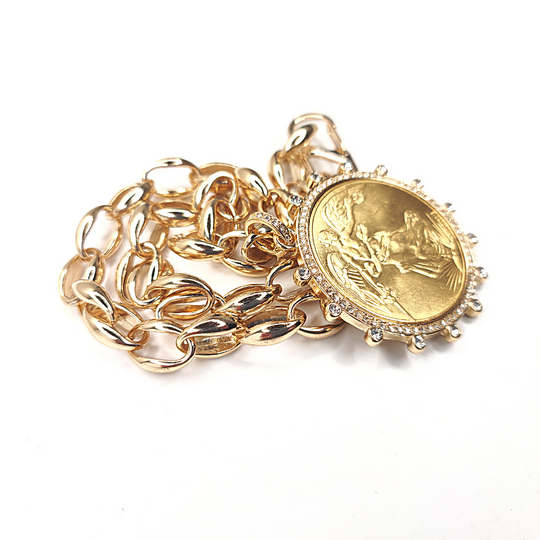 French Coin Pendant Necklace Gold Rhinestone Bezel, Beauty In Stone Jewelry at $120