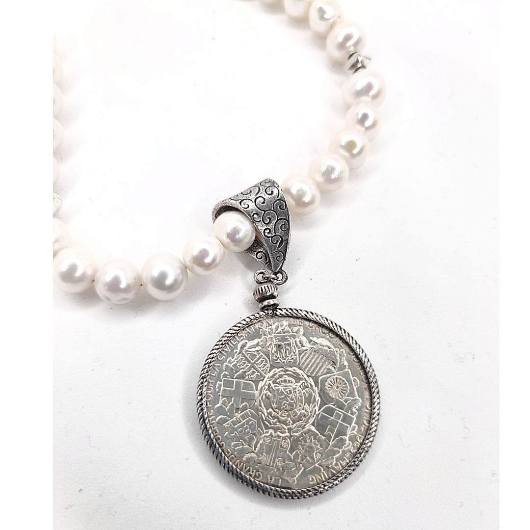 French Coin Pendant On Pearl Necklace, Beauty In Stone Jewelry at $149