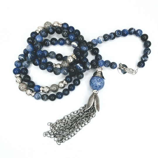 Sodalite Beaded Necklace With Chain Tassel, Beauty In Stone Jewelry at $159