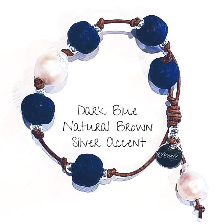 Leather Bracelet with Beach Glass & Pearls, Beauty In Stone Jewelry at $49