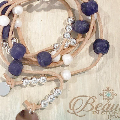 Beach Glass Lariat  in Deep Blue/Navy With Pearls, Beauty In Stone Jewlery at $99