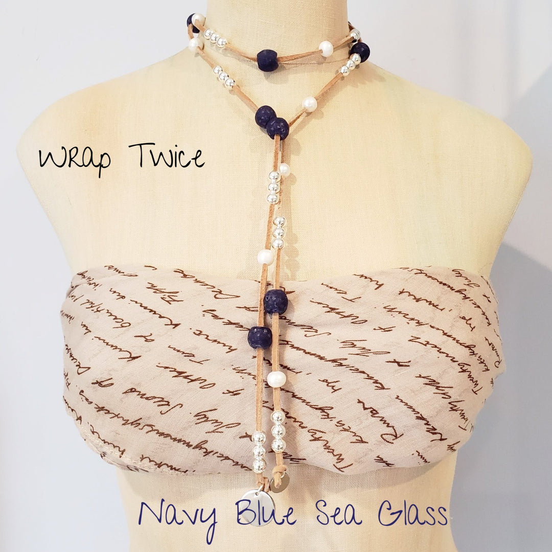 Beach Glass Lariat  in Deep Blue/Navy With Pearls, Beauty In Stone Jewlery at $99