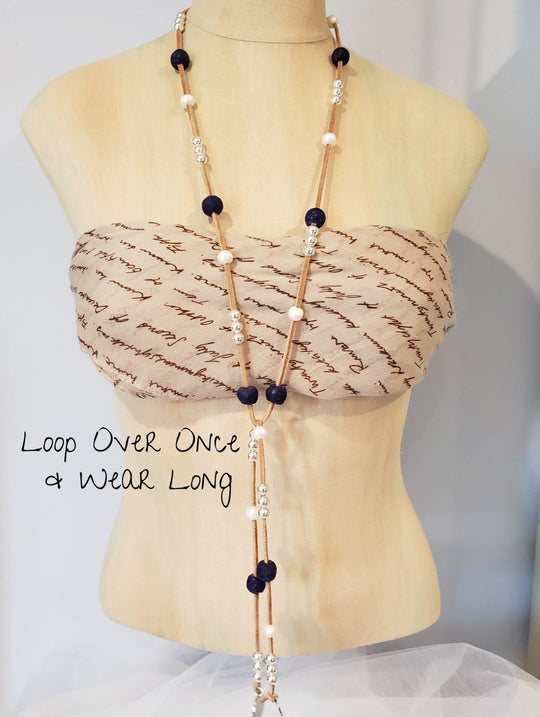 Beach Glass Lariat  in Deep Blue/Navy With Pearls, Beauty In Stone Jewlery at $99