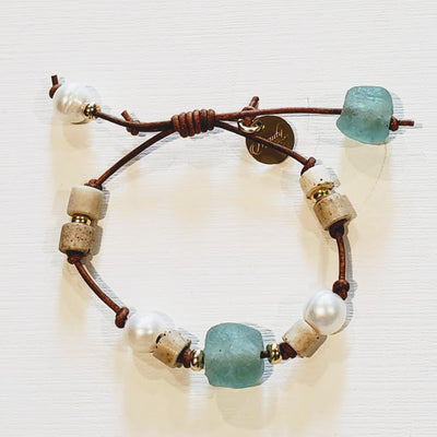 Leather Bracelet with Beach Glass, Pearls & Porcelain, Beauty In Stone Jewelry at $49