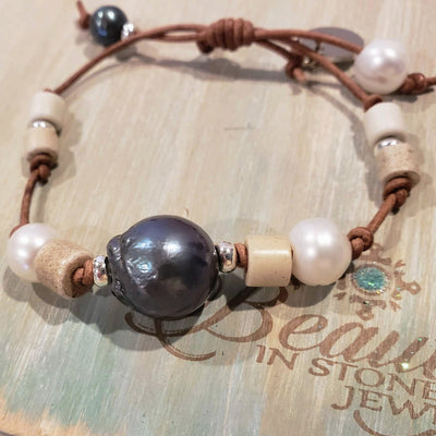 Peacock Pearl Leather Bracelet, Beauty In Stone Jewelry at $59