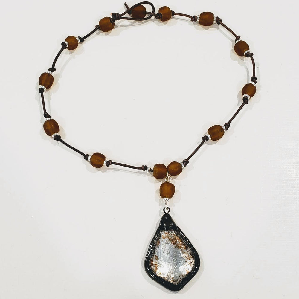 Amber Beach Glass Necklace With Silver leaf Crystal Pendant, Beauty In Stone Jewelry at $99