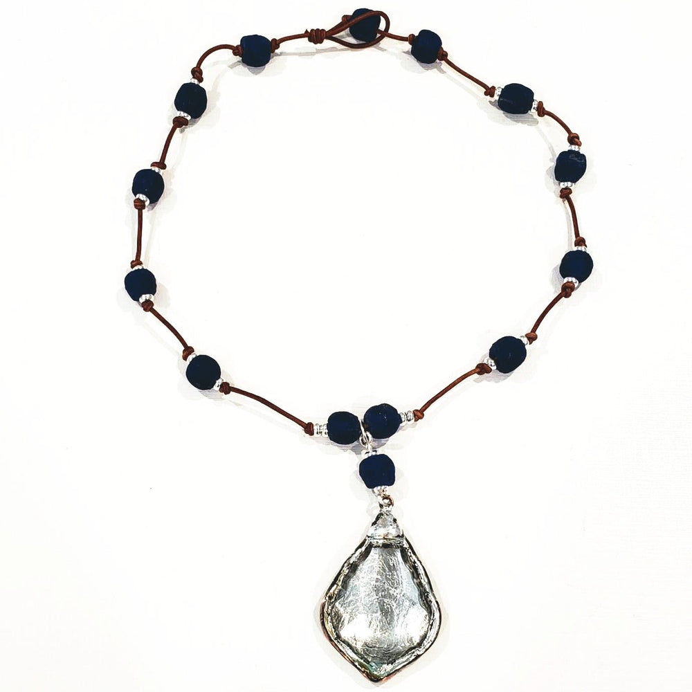 Navy Blue Beach Glass Necklace With Crystal Pendant, Beauty In Stone Jewelry at $99