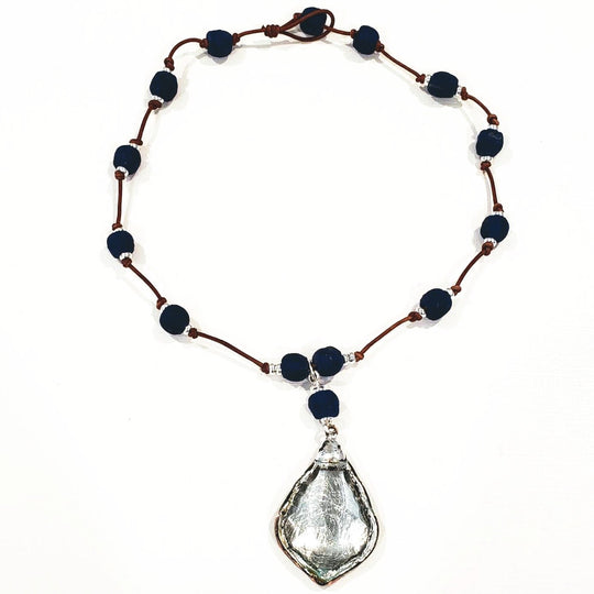 Navy Blue Beach Glass Necklace With Crystal Pendant, Beauty In Stone Jewelry at $99