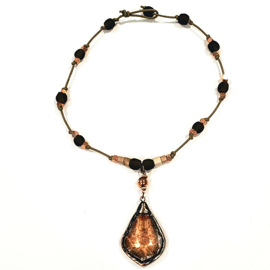 Gray/Brown Beach Glass Necklace With Crystal Pendant & Rose Gold, Beauty In Stone Jewelry at $99