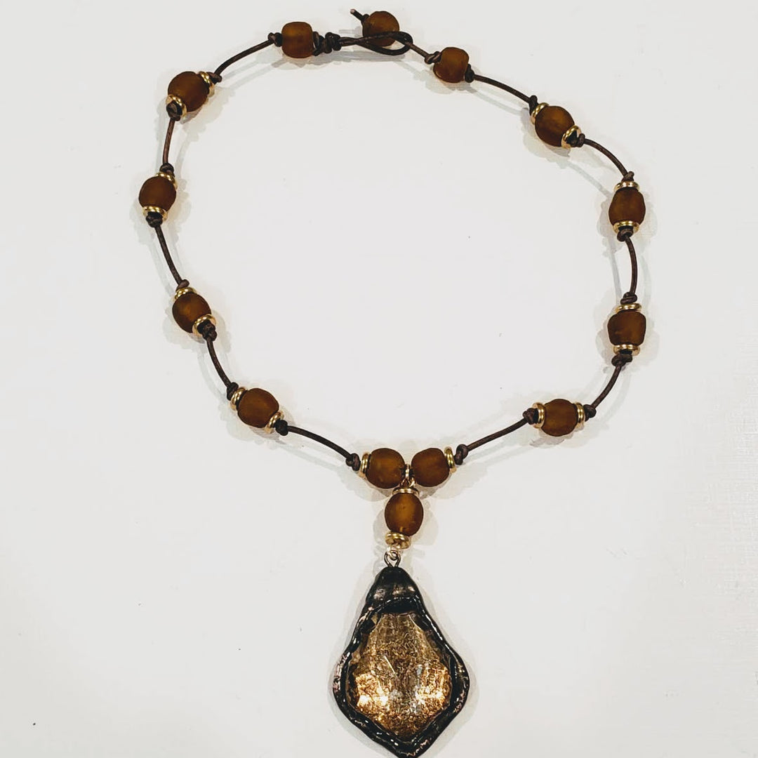 Amber Beach Glass Necklace With Crystal Pendant, Beauty In Stone Jewelry at $99