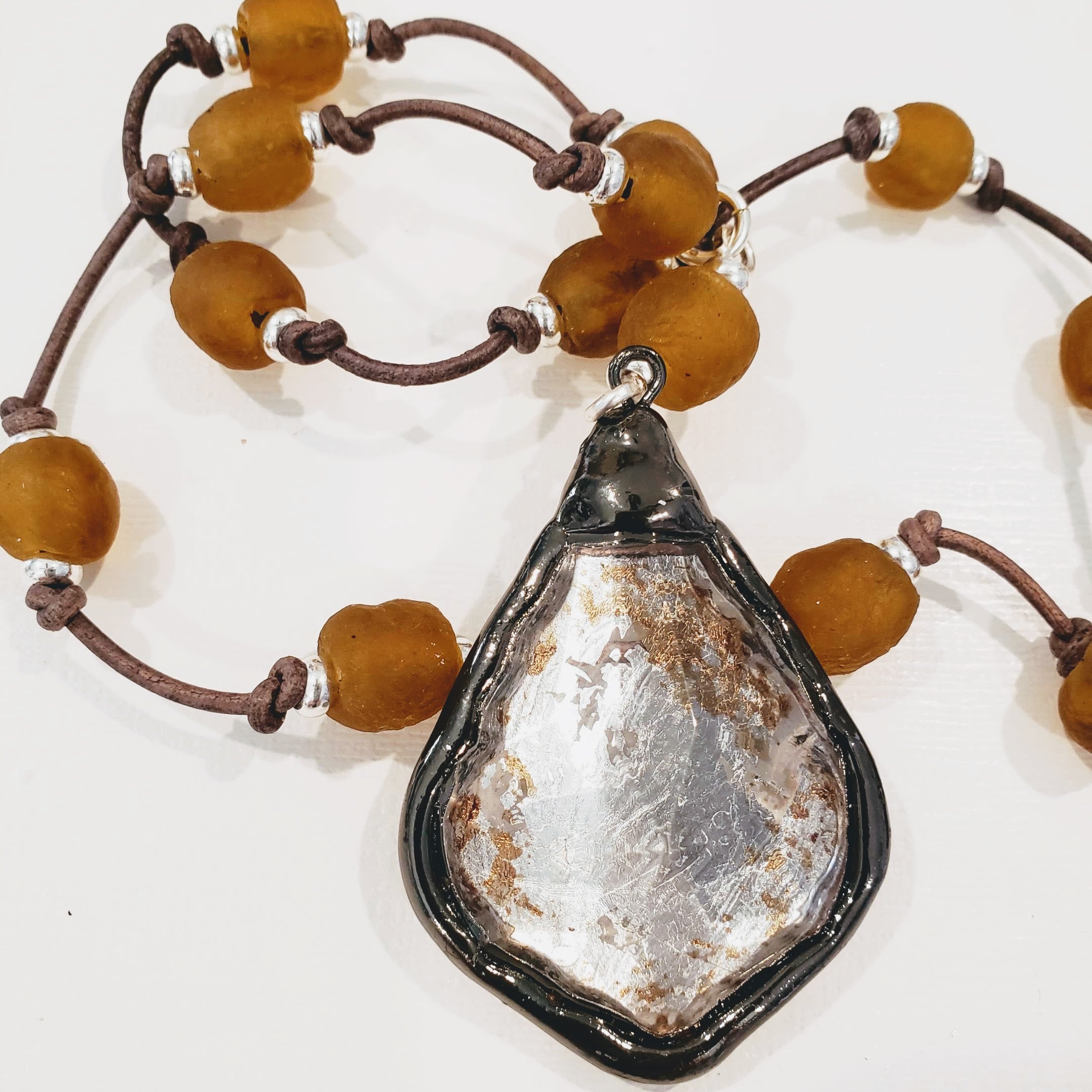 Amber Beach Glass Necklace With Silver leaf Crystal Pendant