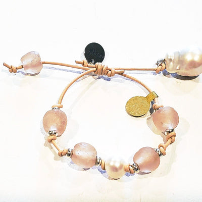 Leather Bracelet with Beach Glass & Pearls, Beauty In Stone Jewelry at $49