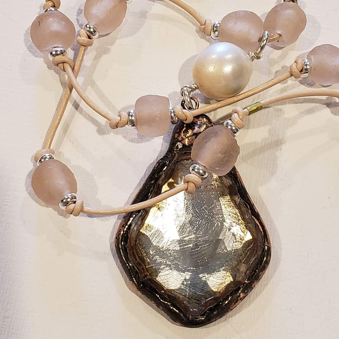 Blush Pink Beach Glass Necklace With Crystal Pendant, Beauty In Stone Jewelry at $99