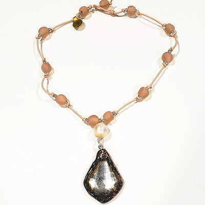 Blush Pink Beach Glass Necklace With Crystal Pendant, Beauty In Stone Jewelry at $99