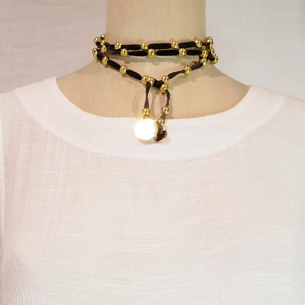 Gold Beaded Lariat Necklace On Suede Leather, Beauty In Stone Jewelry at $80