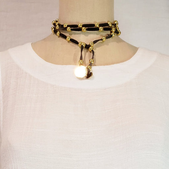 Gold Beaded Lariat Necklace On Suede Leather, Beauty In Stone Jewelry at $80