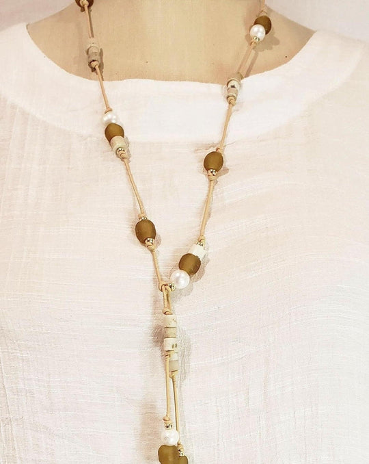 Amber Beach Glass & Pearl Lariat Necklace, Beauty In Stone Jewelry at $149