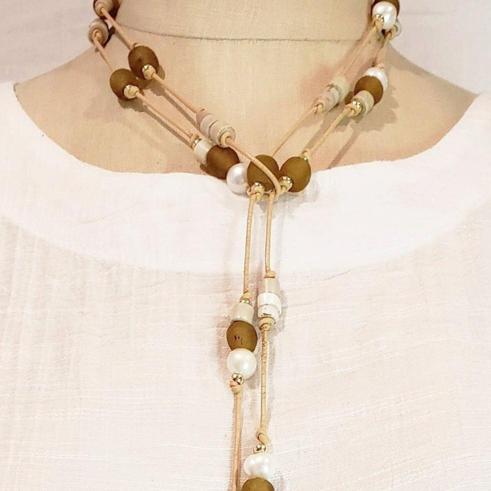 Amber Beach Glass & Pearl Lariat Necklace, Beauty In Stone Jewelry at $149