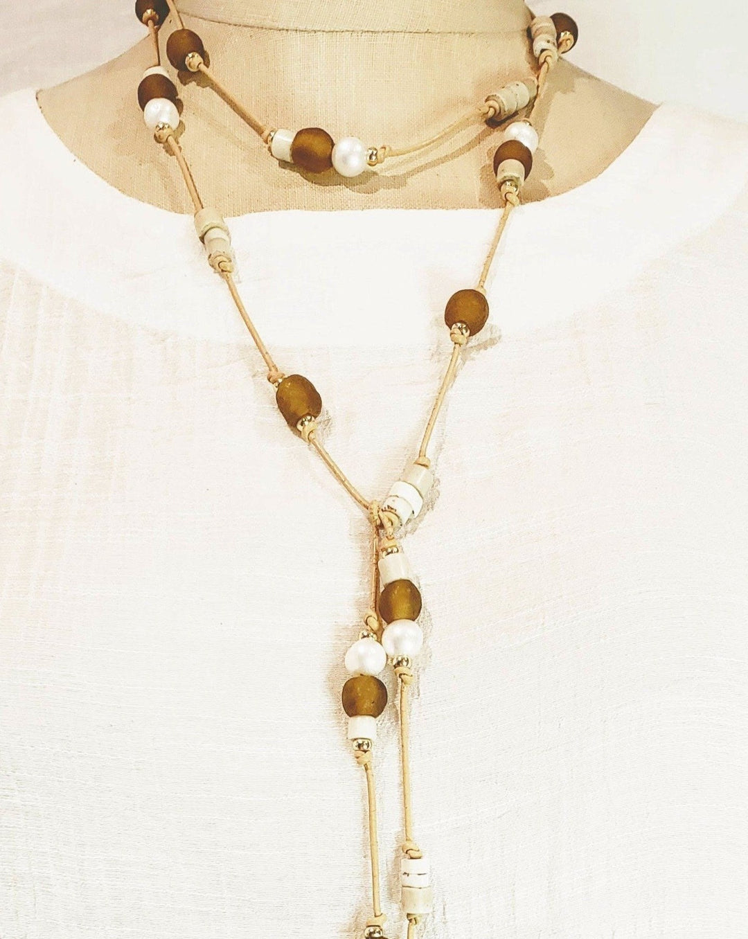 Amber Beach Glass & Pearl Lariat Necklace, Beauty In Stone Jewelry at $149