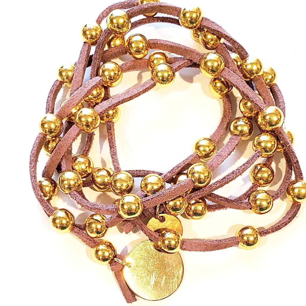 Gold Beaded Lariat Necklace On Suede Leather, Beauty In Stone Jewelry at $80