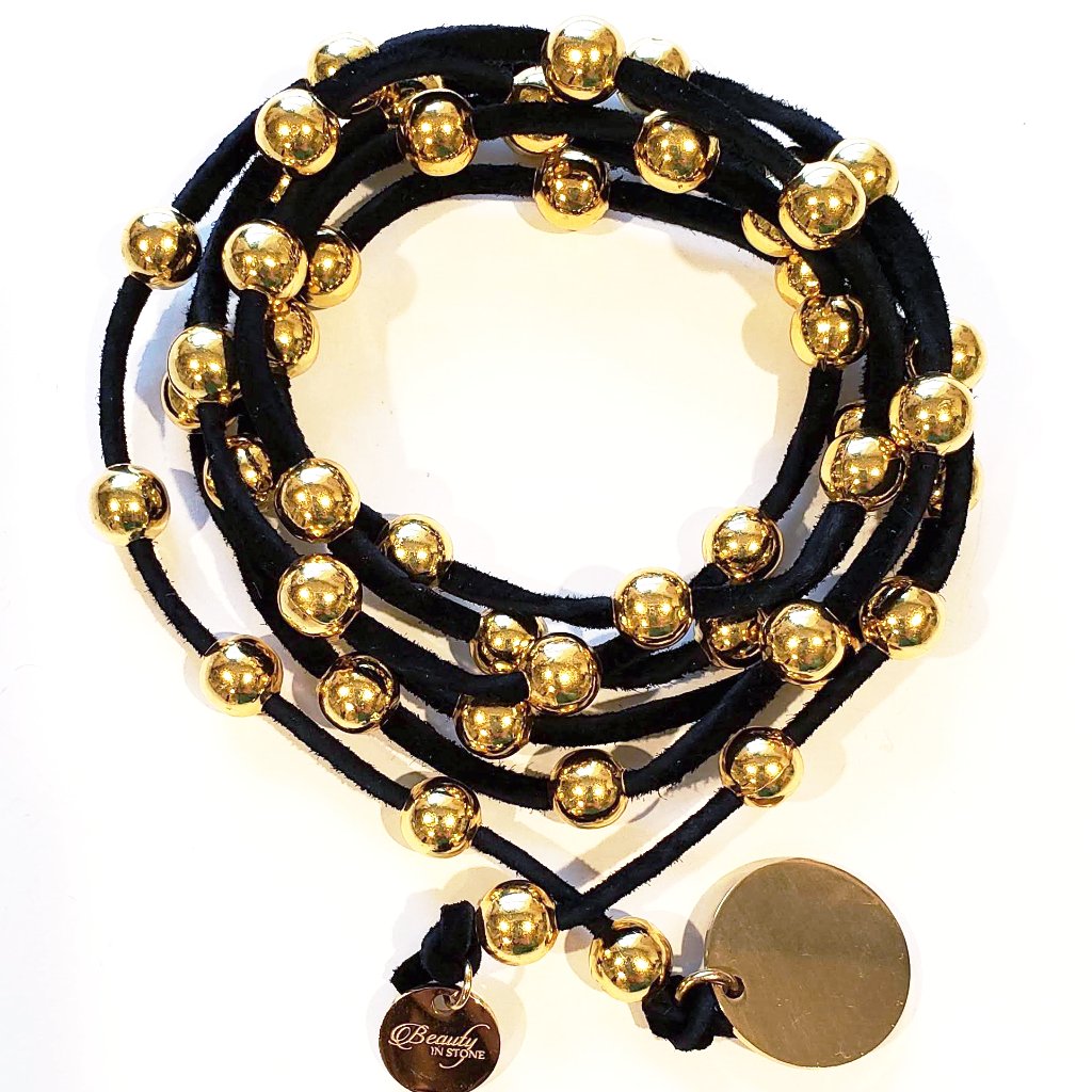 Gold Beaded Lariat Necklace On Suede Leather, Beauty In Stone Jewelry at $80