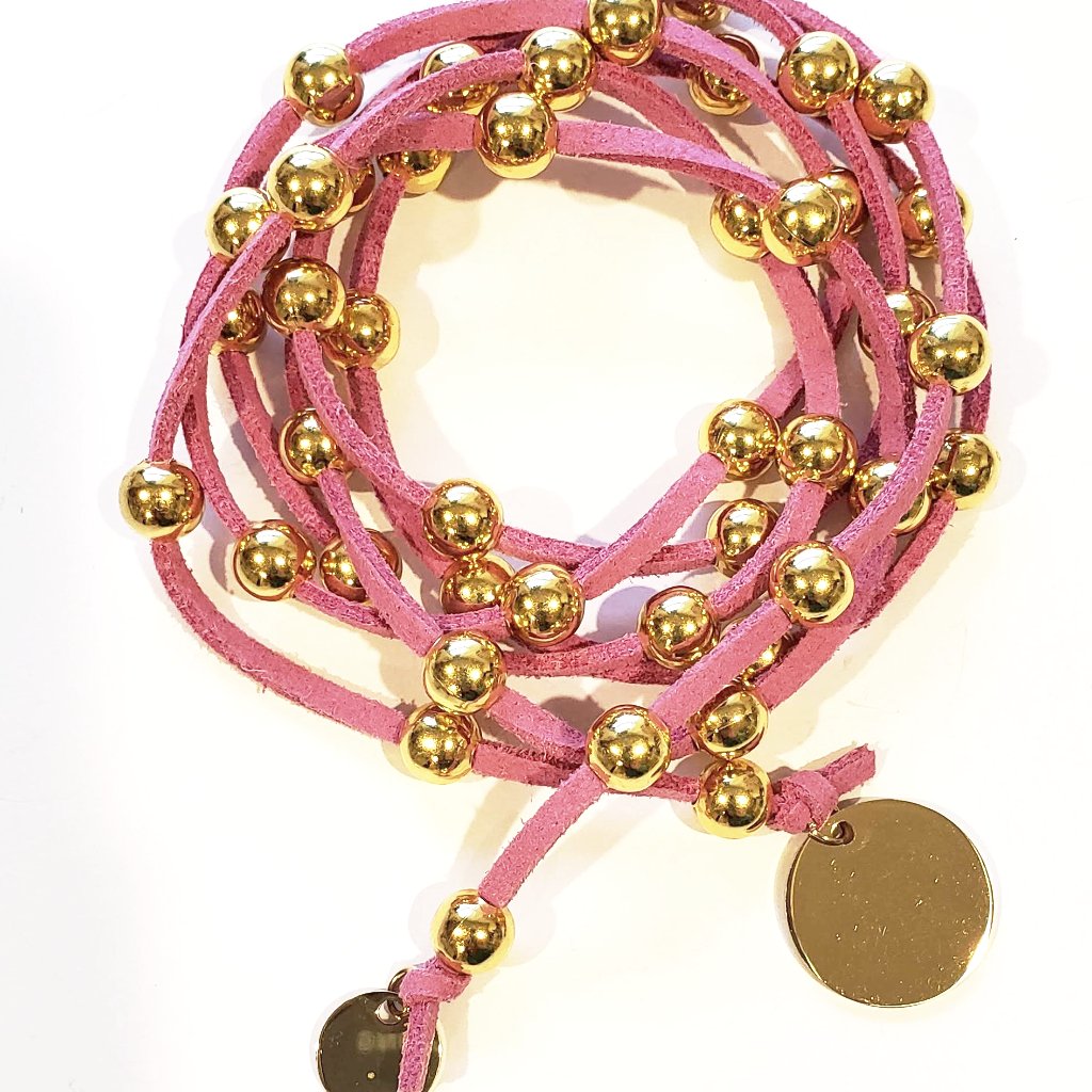 Gold Beaded Lariat Necklace On Suede Leather, Beauty In Stone Jewelry at $80