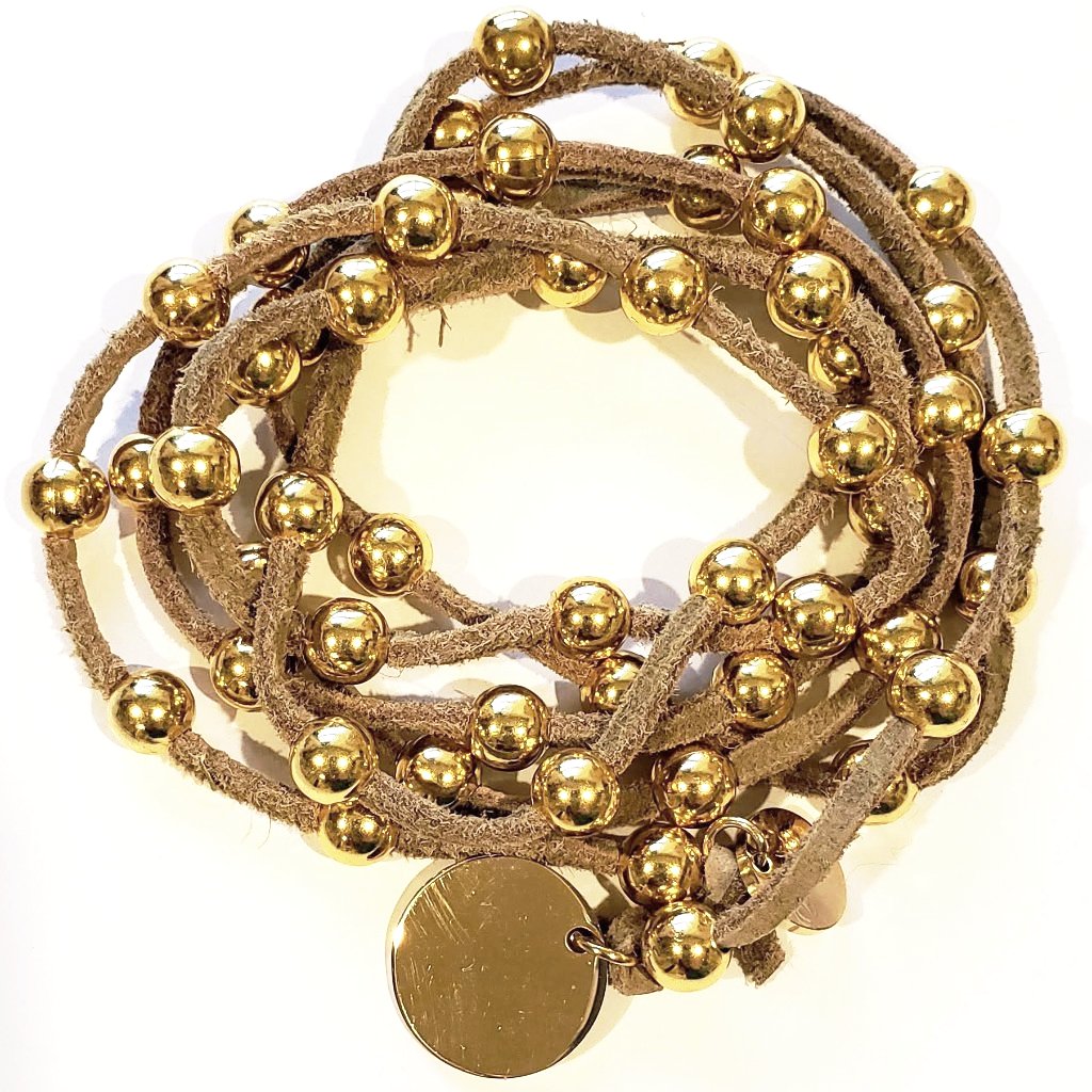 Gold Beaded Lariat Necklace On Suede Leather, Beauty In Stone Jewelry at $80