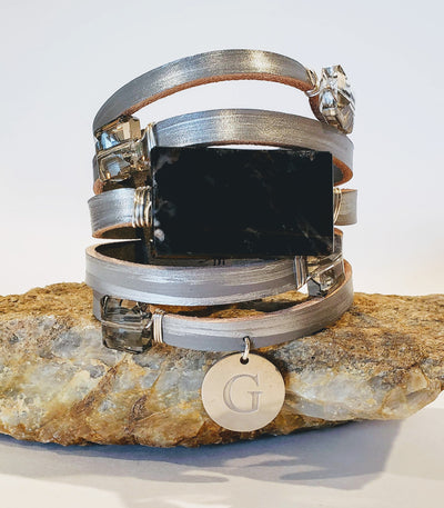 Leather Cuff Bracelet With Gemstones, Metallic Silver, Beauty In Stone Jewelry at $109