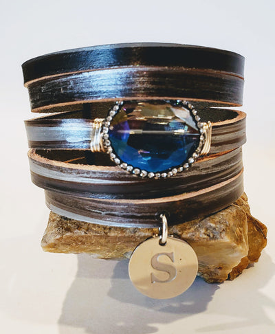 Leather Cuff Black & Metallic Silver Personalized, Beauty In Stone Jewelry at $89