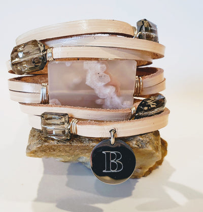 Leather Cuff with Gemstones, Blossom Agate, Personalized, Beauty In Stone Jewelry at $109
