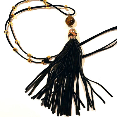 Black Long Tassel Necklace on Adjustable Leather, Beauty In Stone Jewelry at $89