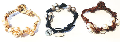 Knotted Leather Freshwater Pearl Bracelet In 3 colors, Beauty In Stone Jewelry at $55