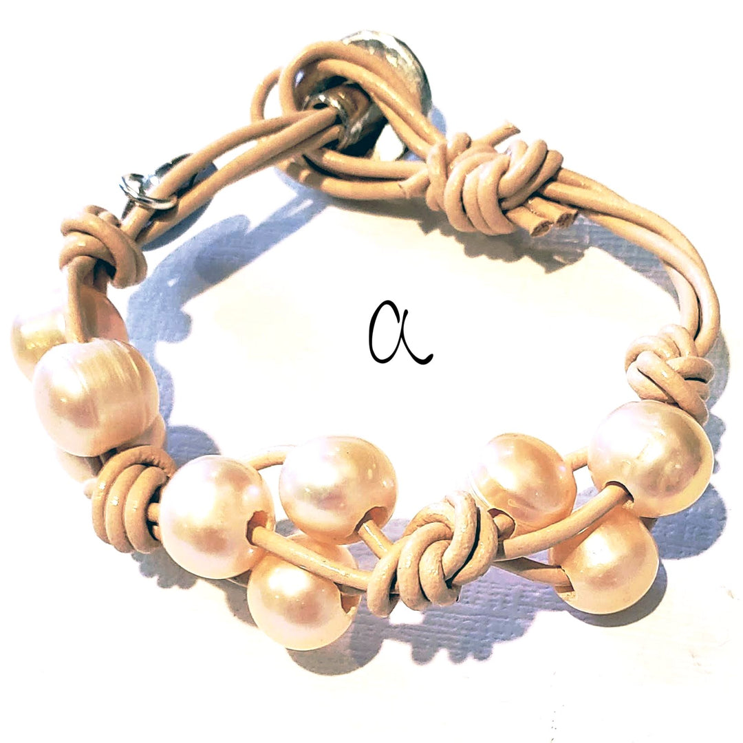 Knotted Leather Freshwater Pearl Bracelet In 3 colors, Beauty In Stone Jewelry at $55