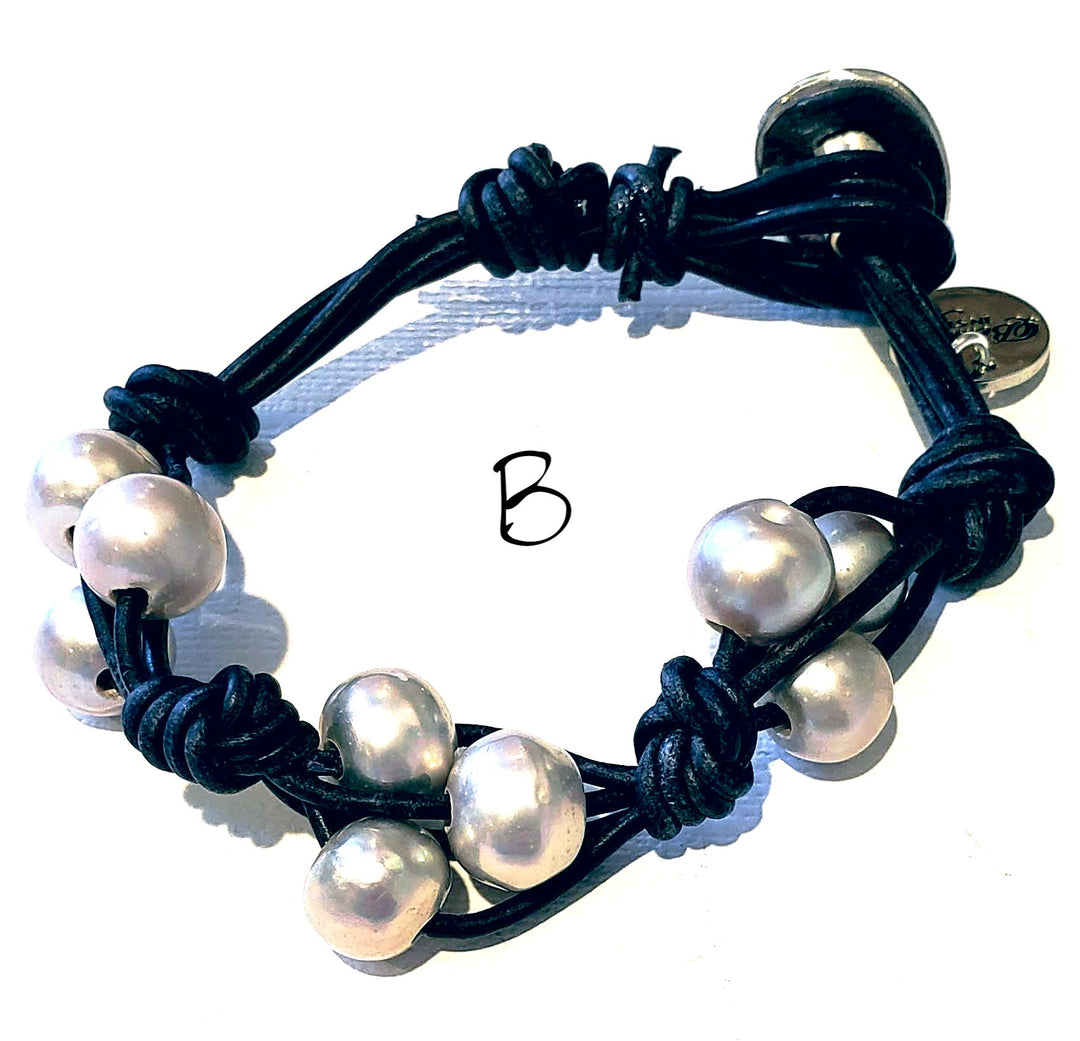 Knotted Leather Freshwater Pearl Bracelet In 3 colors, Beauty In Stone Jewelry at $55