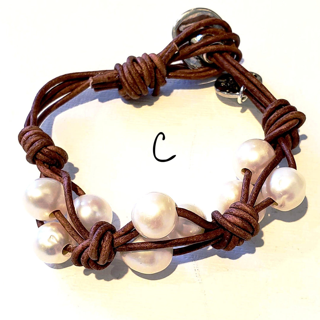 Knotted Leather Freshwater Pearl Bracelet In 3 colors, Beauty In Stone Jewelry at $55